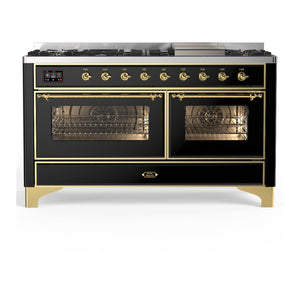 ILVE Majestic III 60-Inch Dual Fuel Range with 9 Sealed Burners + Griddle, 5.8 cu. ft. Oven, Glossy Black with Brass Trim, Natural Gas, Triple Glass Door, UM60FNR3BKG