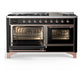 ILVE Majestic III 60-Inch Dual Fuel Range with 9 Sealed Burners + Griddle, 5.8 cu. ft. Oven, Glossy Black with Copper Trim, Liquid Propane, Triple Glass Door, UM60FNR3BKPLP