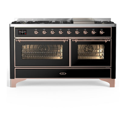 ILVE Majestic III 60-Inch Dual Fuel Range with 9 Sealed Burners + Griddle, 5.8 cu. ft. Oven, Glossy Black with Copper Trim, Natural Gas, Triple Glass Door, UM60FNR3BKP