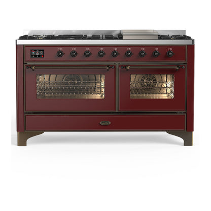 ILVE Majestic III 60-Inch Dual Fuel Range with 9 Sealed Burners + Griddle, 5.8 cu. ft. Oven, Burgundy with Burnished Trim, Liquid Propane, Triple Glass Door, UM60FNR3BUBLP