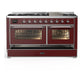 ILVE Majestic III 60-Inch Dual Fuel Range with 9 Sealed Burners + Griddle, 5.8 cu. ft. Oven, Burgundy with Chrome Trim, Natural Gas, Triple Glass Door, UM60FNR3BUC