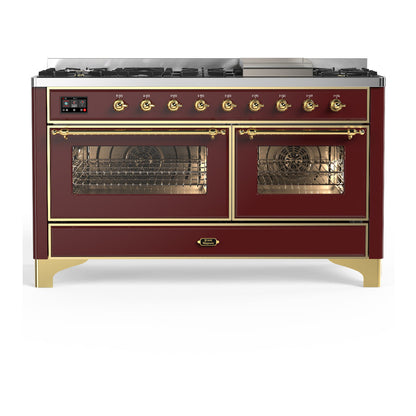 ILVE Majestic III 60-Inch Dual Fuel Range with 9 Sealed Burners + Griddle, 5.8 cu. ft. Oven, Burgundy with Brass Trim, Liquid Propane, Triple Glass Door, UM60FNR3BUGLP