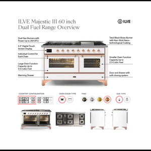 ILVE Majestic III 60-Inch Dual Fuel Range with 9 Sealed Burners + Griddle, 5.8 cu. ft. Oven, Burgundy with Copper Trim, Liquid Propane, Triple Glass Door, UM60FNR3BUPLP