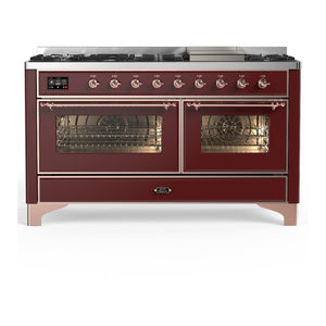 ILVE Majestic III 60-Inch Dual Fuel Range with 9 Sealed Burners + Griddle, 5.8 cu. ft. Oven, Burgundy with Copper Trim, Liquid Propane, Triple Glass Door, UM60FNR3BUPLP
