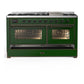 ILVE Majestic III 60-Inch Dual Fuel Range with 9 Sealed Burners + Griddle, 5.8 cu. ft. Oven, Emerald Green with Burnished Trim, Liquid Propane, Triple Glass Door, UM60FNR3EGBLP
