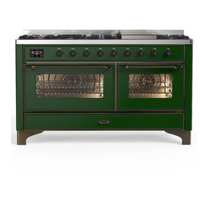 ILVE Majestic III 60-Inch Dual Fuel Range with 9 Sealed Burners + Griddle, 5.8 cu. ft. Oven, Emerald Green with Burnished Trim, Natural Gas, Triple Glass Door, UM60FNR3EGB