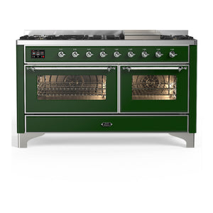 ILVE Majestic III 60-Inch Dual Fuel Range with 9 Sealed Burners + Griddle, 5.8 cu. ft. Oven, Emerald Green with Chrome Trim, Natural Gas, Triple Glass Door, UM60FNR3EGC