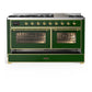 ILVE Majestic III 60-Inch Dual Fuel Range with 9 Sealed Burners + Griddle, 5.8 cu. ft. Oven, Emerald Green with Brass Trim, Liquid Propane, Triple Glass Door, UM60FNR3EGGLP