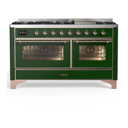 ILVE Majestic III 60-Inch Dual Fuel Range with 9 Sealed Burners + Griddle, 5.8 cu. ft. Oven, Emerald Green with Copper Trim, Liquid Propane, Triple Glass Door, UM60FNR3EGPLP
