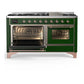 ILVE Majestic III 60-Inch Dual Fuel Range with 9 Sealed Burners + Griddle, 5.8 cu. ft. Oven, Emerald Green with Copper Trim, Natural Gas, Triple Glass Door, UM60FNR3EGP