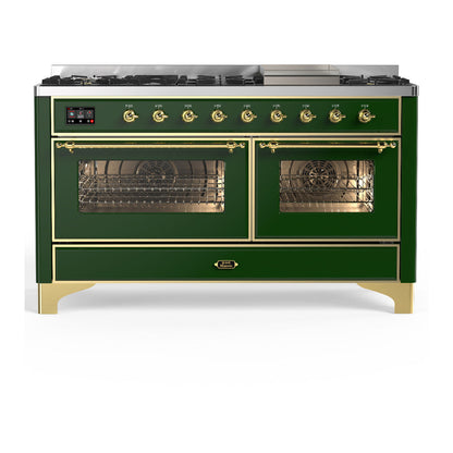 ILVE Majestic III 60-Inch Dual Fuel Range with 9 Sealed Burners + Griddle, 5.8 cu. ft. Oven, Emerald Green with Copper Trim, Natural Gas, Triple Glass Door, UM60FNR3EGP