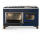 ILVE Majestic III 60-Inch Dual Fuel Range with 9 Sealed Burners + Griddle, 5.8 cu. ft. Oven, Mightnight Blue with Burnished Trim, Liquid Propane, Triple Glass Door, UM60FNR3MBBLP