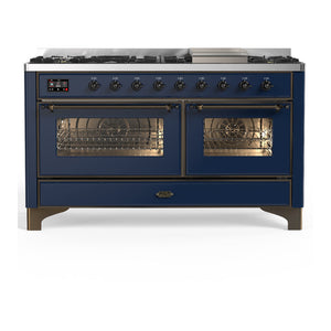 ILVE Majestic III 60-Inch Dual Fuel Range with 9 Sealed Burners + Griddle, 5.8 cu. ft. Oven, Mightnight Blue with Burnished Trim, Liquid Propane, Triple Glass Door, UM60FNR3MBBLP