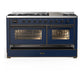 ILVE Majestic III 60-Inch Dual Fuel Range with 9 Sealed Burners + Griddle, 5.8 cu. ft. Oven, Mightnight Blue with Burnished Trim, Natural Gas, Triple Glass Door, UM60FNR3MBB