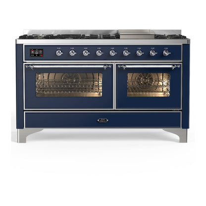 ILVE Majestic III 60-Inch Dual Fuel Range with 9 Sealed Burners + Griddle, 5.8 cu. ft. Oven, Mightnight Blue with Chrome Trim, Liquid Propane, Triple Glass Door, UM60FNR3MBCLP
