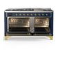 ILVE Majestic III 60-Inch Dual Fuel Range with 9 Sealed Burners + Griddle, 5.8 cu. ft. Oven, Mightnight Blue with Brass Trim, Natural Gas, Triple Glass Door, UM60FNR3MBG
