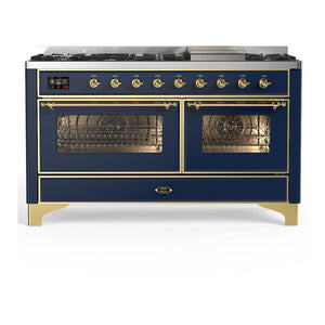 ILVE Majestic III 60-Inch Dual Fuel Range with 9 Sealed Burners + Griddle, 5.8 cu. ft. Oven, Mightnight Blue with Brass Trim, Natural Gas, Triple Glass Door, UM60FNR3MBG