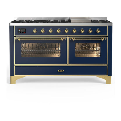 ILVE Majestic III 60-Inch Dual Fuel Range with 9 Sealed Burners + Griddle, 5.8 cu. ft. Oven, Mightnight Blue with Brass Trim, Natural Gas, Triple Glass Door, UM60FNR3MBG