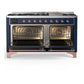 ILVE Majestic III 60-Inch Dual Fuel Range with 9 Sealed Burners + Griddle, 5.8 cu. ft. Oven, Mightnight Blue with Copper Trim, Natural Gas, Triple Glass Door, UM60FNR3MBP