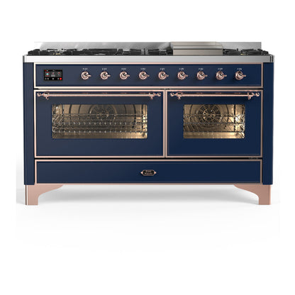 ILVE Majestic III 60-Inch Dual Fuel Range with 9 Sealed Burners + Griddle, 5.8 cu. ft. Oven, Mightnight Blue with Copper Trim, Natural Gas, Triple Glass Door, UM60FNR3MBP