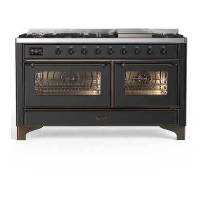 ILVE Majestic III 60-Inch Dual Fuel Range with 9 Sealed Burners + Griddle, 5.8 cu. ft. Oven, Matte Graphite with Burnished Trim, Natural Gas, Triple Glass Door, UM60FNR3MGB