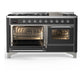 ILVE Majestic III 60-Inch Dual Fuel Range with 9 Sealed Burners + Griddle, 5.8 cu. ft. Oven, Matte Graphite with Chrome Trim, Liquid Propane, Triple Glass Door, UM60FNR3MGCLP