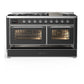 ILVE Majestic III 60-Inch Dual Fuel Range with 9 Sealed Burners + Griddle, 5.8 cu. ft. Oven, Matte Graphite with Chrome Trim, Liquid Propane, Triple Glass Door, UM60FNR3MGCLP