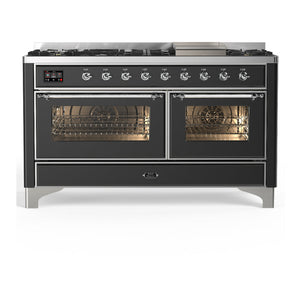 ILVE Majestic III 60-Inch Dual Fuel Range with 9 Sealed Burners + Griddle, 5.8 cu. ft. Oven, Matte Graphite with Chrome Trim, Natural Gas, Triple Glass Door, UM60FNR3MGC