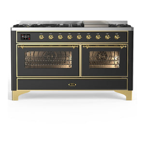 ILVE Majestic III 60-Inch Dual Fuel Range with 9 Sealed Burners + Griddle, 5.8 cu. ft. Oven, Matte Graphite with Brass Trim, Liquid Propane, Triple Glass Door, UM60FNR3MGGLP
