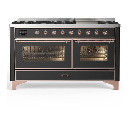 ILVE Majestic III 60-Inch Dual Fuel Range with 9 Sealed Burners + Griddle, 5.8 cu. ft. Oven, Matte Graphite with Copper Trim, Liquid Propane, Triple Glass Door, UM60FNR3MGPLP