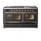 ILVE Majestic III 60-Inch Dual Fuel Range with 9 Sealed Burners + Griddle, 5.8 cu. ft. Oven, Matte Graphite with Copper Trim, Natural Gas, Triple Glass Door, UM60FNR3MGP