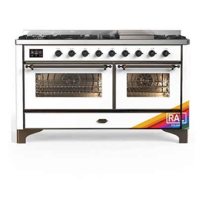 ILVE Majestic III 60-Inch Dual Fuel Range with 9 Sealed Burners + Griddle, 5.8 cu. ft. Oven, RAL with Burnished Trim, Liquid Propane, Triple Glass Door, UM60FNR3RABLP