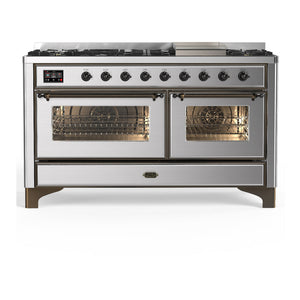 ILVE Majestic III 60-Inch Dual Fuel Range with 9 Sealed Burners + Griddle, 5.8 cu. ft. Oven, Stainless Steel with Burnished Trim, Natural Gas, Triple Glass Door, UM60FNR3SSB