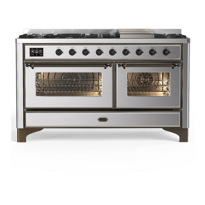 ILVE Majestic III 60-Inch Dual Fuel Range with 9 Sealed Burners + Griddle, 5.8 cu. ft. Oven, Stainless Steel with Burnished Trim, Natural Gas, Triple Glass Door, UM60FNR3SSB