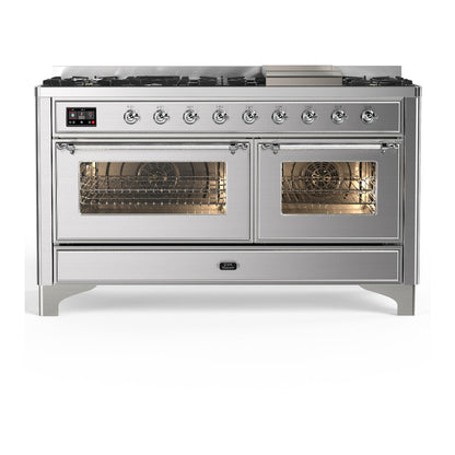 ILVE Majestic III 60-Inch Dual Fuel Range with 9 Sealed Burners + Griddle, 5.8 cu. ft. Oven, Stainless Steel with Chrome Trim, Liquid Propane, Triple Glass Door, UM60FNR3SSCLP