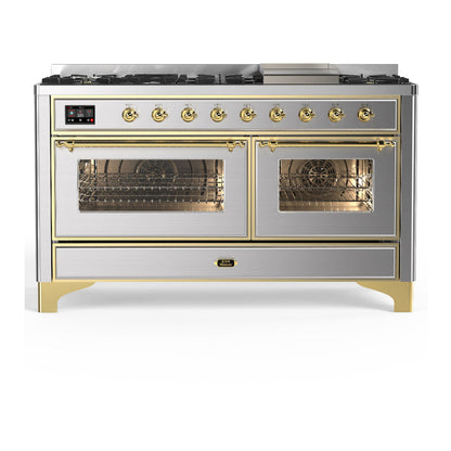 ILVE Majestic III 60-Inch Dual Fuel Range with 9 Sealed Burners + Griddle, 5.8 cu. ft. Oven, Stainless Steel with Brass Trim, Natural Gas, Triple Glass Door, UM60FNR3SSG