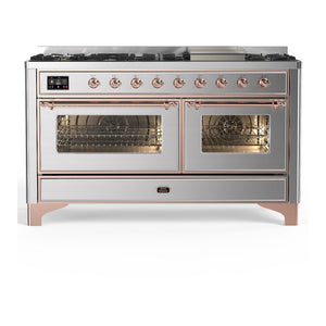 ILVE Majestic III 60-Inch Dual Fuel Range with 9 Sealed Burners + Griddle, 5.8 cu. ft. Oven, Stainless Steel with Copper Trim, Liquid Propane, Triple Glass Door, UM60FNR3SSPLP