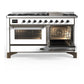 ILVE Majestic III 60-Inch Dual Fuel Range with 9 Sealed Burners + Griddle, 5.8 cu. ft. Oven, White with Burnished Trim, Liquid Propane, Triple Glass Door, UM60FNR3WHBLP