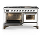 ILVE Majestic III 60-Inch Dual Fuel Range with 9 Sealed Burners + Griddle, 5.8 cu. ft. Oven, White with Burnished Trim, Liquid Propane, Triple Glass Door, UM60FNR3WHBLP