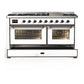 ILVE Majestic III 60-Inch Dual Fuel Range with 9 Sealed Burners + Griddle, 5.8 cu. ft. Oven, White with Burnished Trim, Liquid Propane, Triple Glass Door, UM60FNR3WHBLP