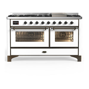 ILVE Majestic III 60-Inch Dual Fuel Range with 9 Sealed Burners + Griddle, 5.8 cu. ft. Oven, White with Burnished Trim, Natural Gas, Triple Glass Door, UM60FNR3WHB