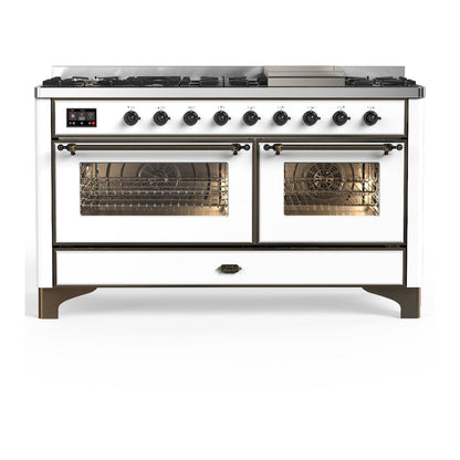 ILVE Majestic III 60-Inch Dual Fuel Range with 9 Sealed Burners + Griddle, 5.8 cu. ft. Oven, White with Burnished Trim, Natural Gas, Triple Glass Door, UM60FNR3WHB