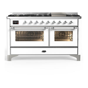 ILVE Majestic III 60-Inch Dual Fuel Range with 9 Sealed Burners + Griddle, 5.8 cu. ft. Oven, White with Chrome Trim, Natural Gas, Triple Glass Door, UM60FNR3WHC