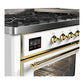 ILVE Majestic III 60-Inch Dual Fuel Range with 9 Sealed Burners + Griddle, 5.8 cu. ft. Oven, White with Brass Trim, Natural Gas, Triple Glass Door, UM60FNR3WHG