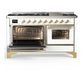 ILVE Majestic III 60-Inch Dual Fuel Range with 9 Sealed Burners + Griddle, 5.8 cu. ft. Oven, White with Brass Trim, Natural Gas, Triple Glass Door, UM60FNR3WHG