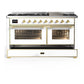 ILVE Majestic III 60-Inch Dual Fuel Range with 9 Sealed Burners + Griddle, 5.8 cu. ft. Oven, White with Brass Trim, Natural Gas, Triple Glass Door, UM60FNR3WHG