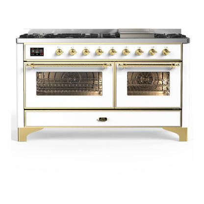 ILVE Majestic III 60-Inch Dual Fuel Range with 9 Sealed Burners + Griddle, 5.8 cu. ft. Oven, White with Brass Trim, Natural Gas, Triple Glass Door, UM60FNR3WHG