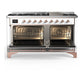 ILVE Majestic III 60-Inch Dual Fuel Range with 9 Sealed Burners + Griddle, 5.8 cu. ft. Oven, White with Copper Trim, Liquid Propane, Triple Glass Door, UM60FNR3WHPLP