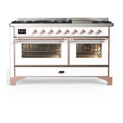 ILVE Majestic III 60-Inch Dual Fuel Range with 9 Sealed Burners + Griddle, 5.8 cu. ft. Oven, White with Copper Trim, Natural Gas, Triple Glass Door, UM60FNR3WHP