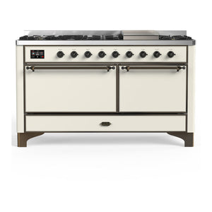 ILVE Majestic III 60-Inch Dual Fuel Range with 9 Sealed Burners + Griddle, 5.8 cu. ft. Oven, Antique White with Burnished Trim, Liquid Propane, Solid Door, UM60FQNR3AWBLP